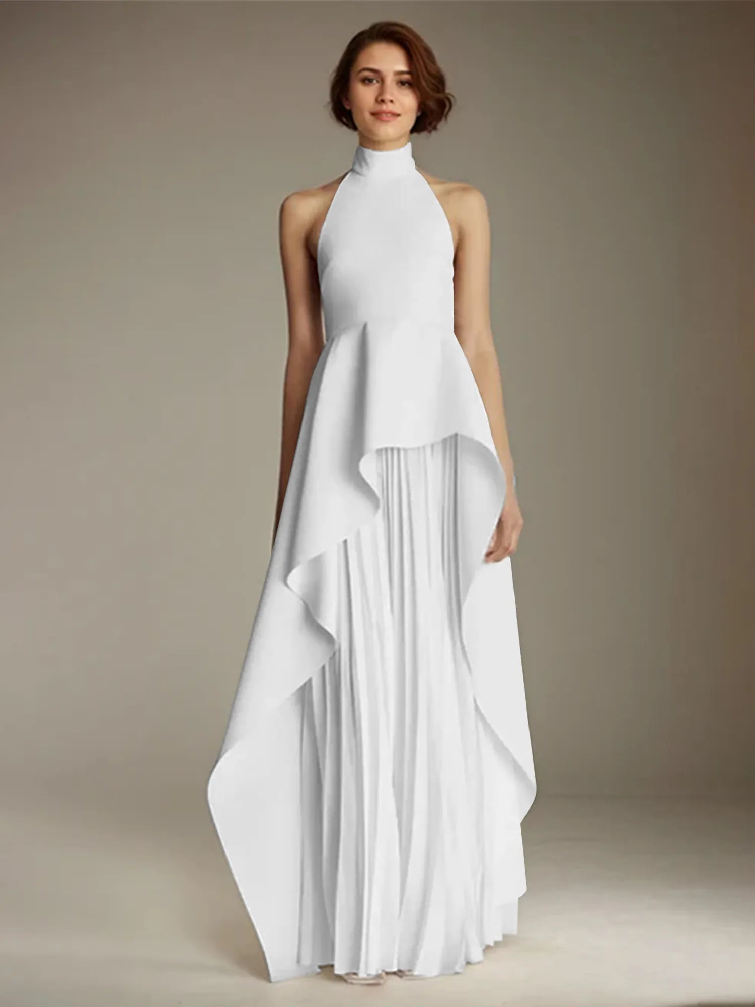 White Sleeveless High Neck Chiffon Long Formal Dress With Ruffles