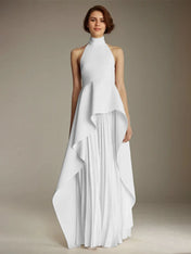 White Sleeveless High Neck Chiffon Long Formal Dress With Ruffles