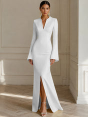 Formal Yellow V Neck Long Sleeves Floor Length Dress With Slit