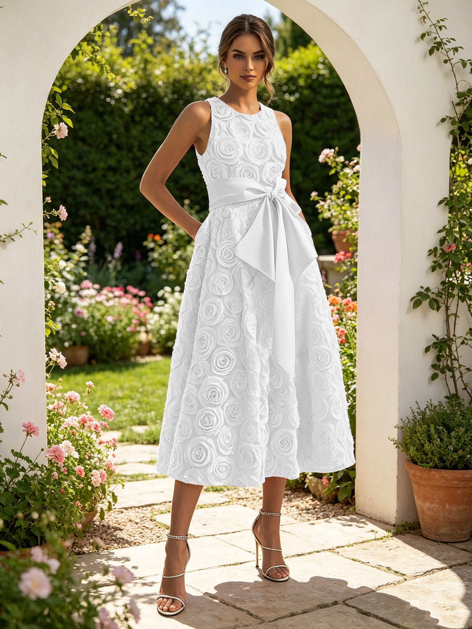 Pink 3D Floral Bow Crew Neck A-Line Midi Dress