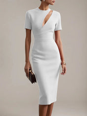 Red Sheath/Column Stretch Crepe Scoop Neck Short Sleeves Tea Length Dresses