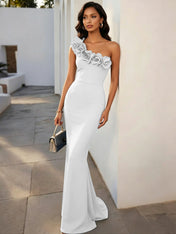 Navy Blue 3D Floral Classic One Shoulder Sleeveless Mermaid Gown Dress