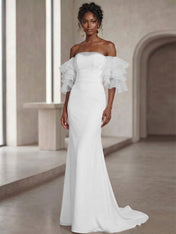 White Mermaid Off the Shoulder Ruffled Long Wedding Reception Dress
