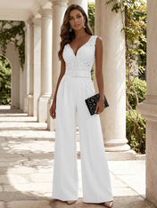 Women Pink Lace Deep V Neck Sleeveless Dressy Jumpsuit