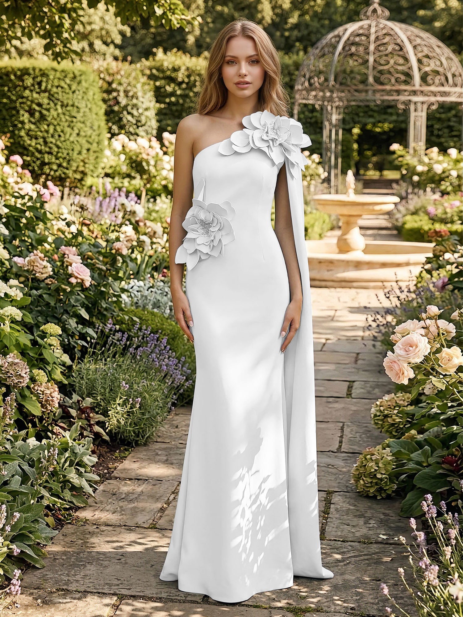 Formal Evening Dress Powder Blue One-Shoulder 3D Floral Cape Gown