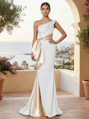 One Shoulder Mermaid Satin Pleat Evening Dresses with Bow