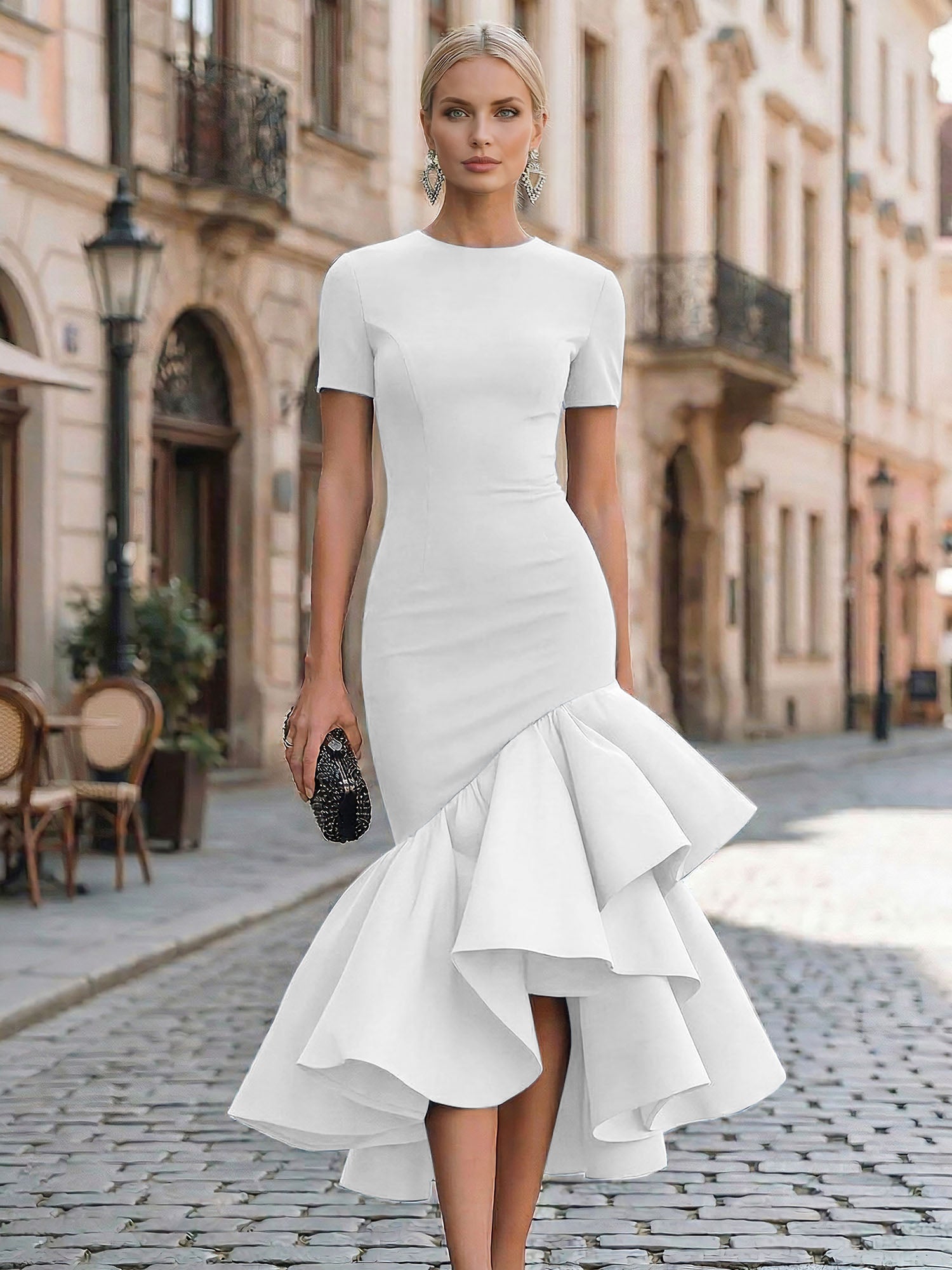 Evening Foraml Gown Avant-Garde Black Short-Sleeve Tiered Ruffle Midi Dress