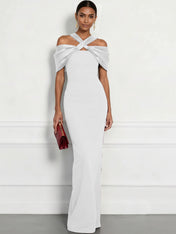 Regal Plum Crepe Column Gown with Satin Criss-Cross Halter Maxi Dress