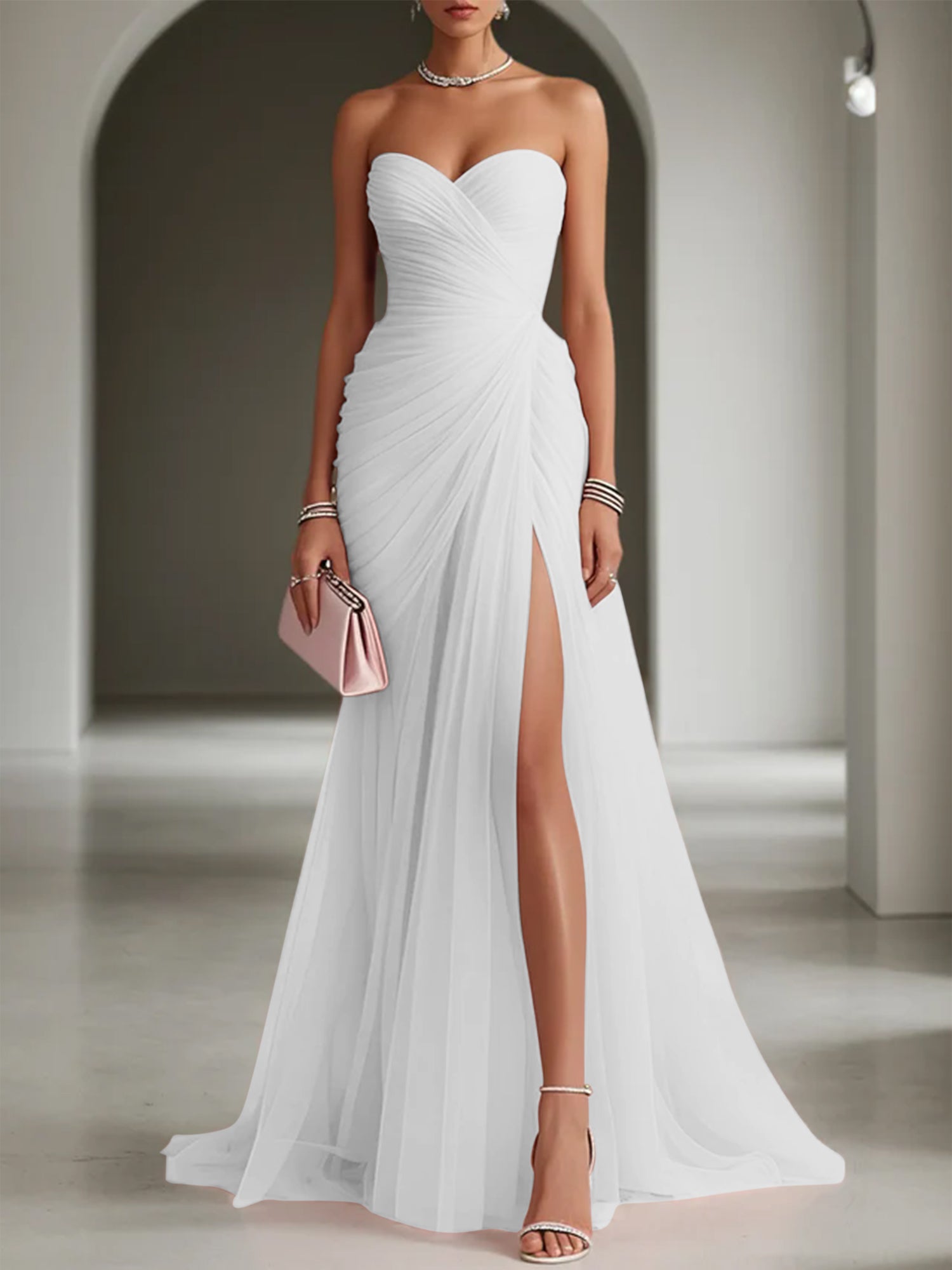 Pink Ruched Slit Tulle Strapless Sleeveless Sheath Gown Dress