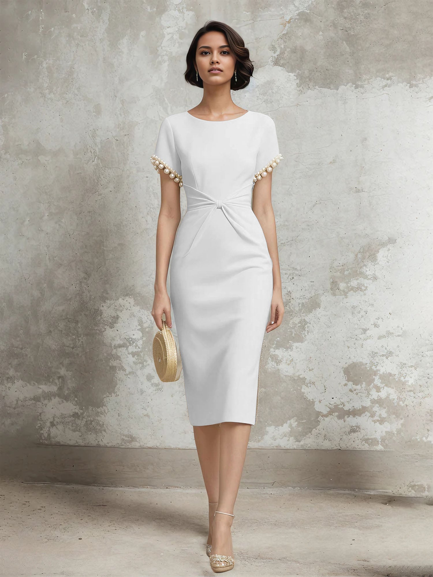Column Short Sleeve Tea Length Dress With Pearls