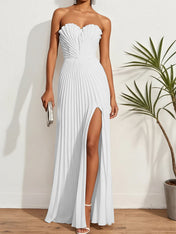 Pleated Classic Strapless Sleeveless A-Line Maxi Dress
