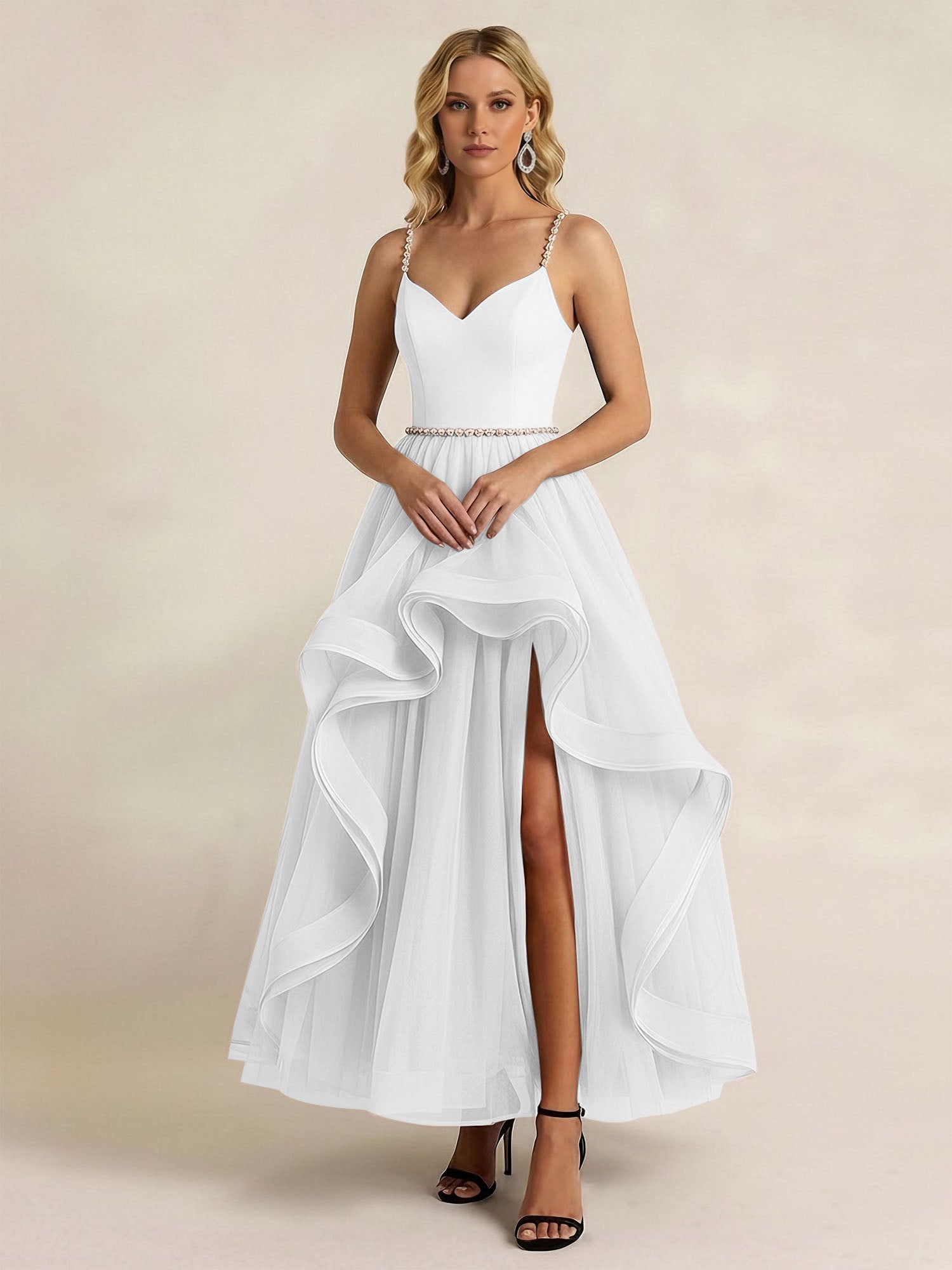 Black Tulle Ruffled A Line Long Formal Dress with Slit