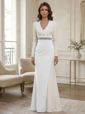 Elegant Navy & White Color-Block Long Sleeve Floor-Length Evening Gown Formal Dresses