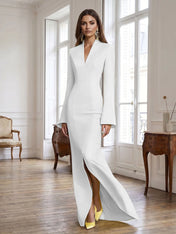 Yellow Long Bell Sleeve Mermaid Evening Gown with Asymmetric V-Neck Formal Dresses