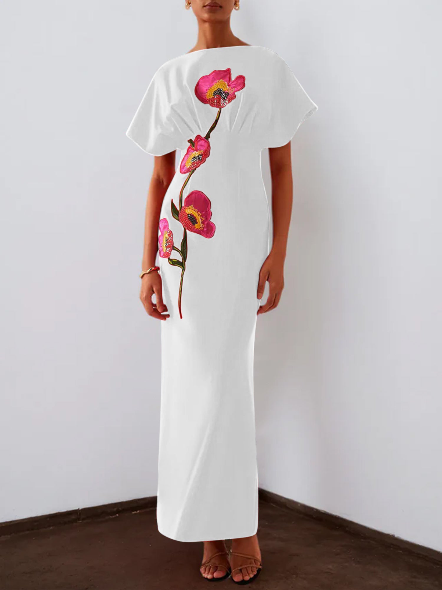 Red 3D Floral Appliqué Boat Neck Short Sleeve Backless Sheath Maxi Dress