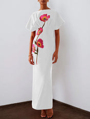 Red 3D Floral Appliqué Boat Neck Short Sleeve Backless Sheath Maxi Dress