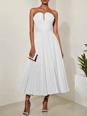 White Pleated Classic Strapless Sleeveless A-Line Midi Dress