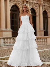 Red Tiered Tulle Strapless Lace Bodice A-Line Long Prom Dress