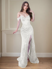 Red Off-the-Shoulder Beaded Tulle Long Prom Dress with Swirling Sequins