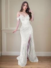 Red Off-the-Shoulder Beaded Tulle Long Prom Dress with Swirling Sequins