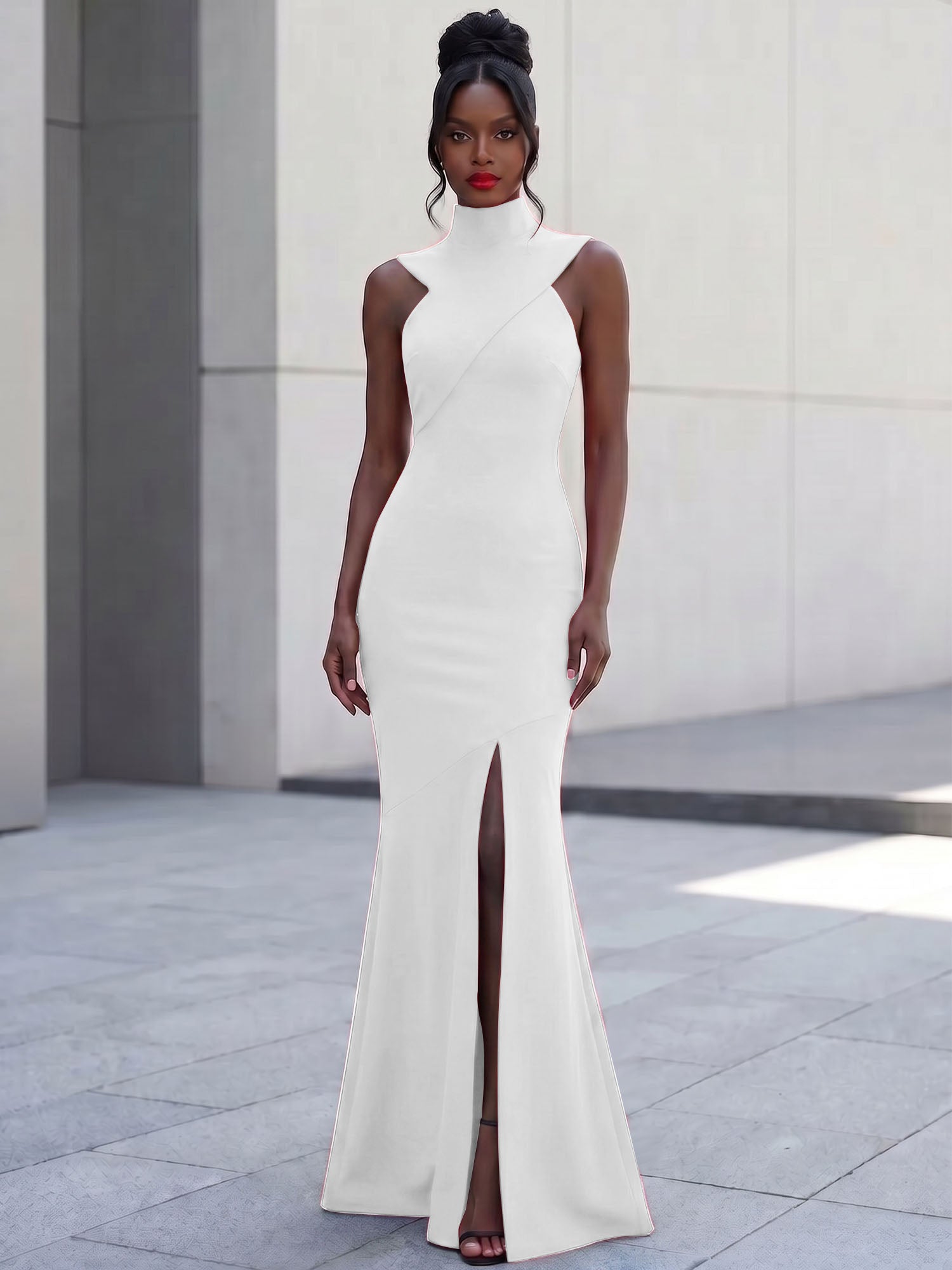 High-Neck Cross-Bodice Sleeveless Maxi Dress