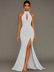 Mermaid Halter Neck Satin Formal Dress with Slit