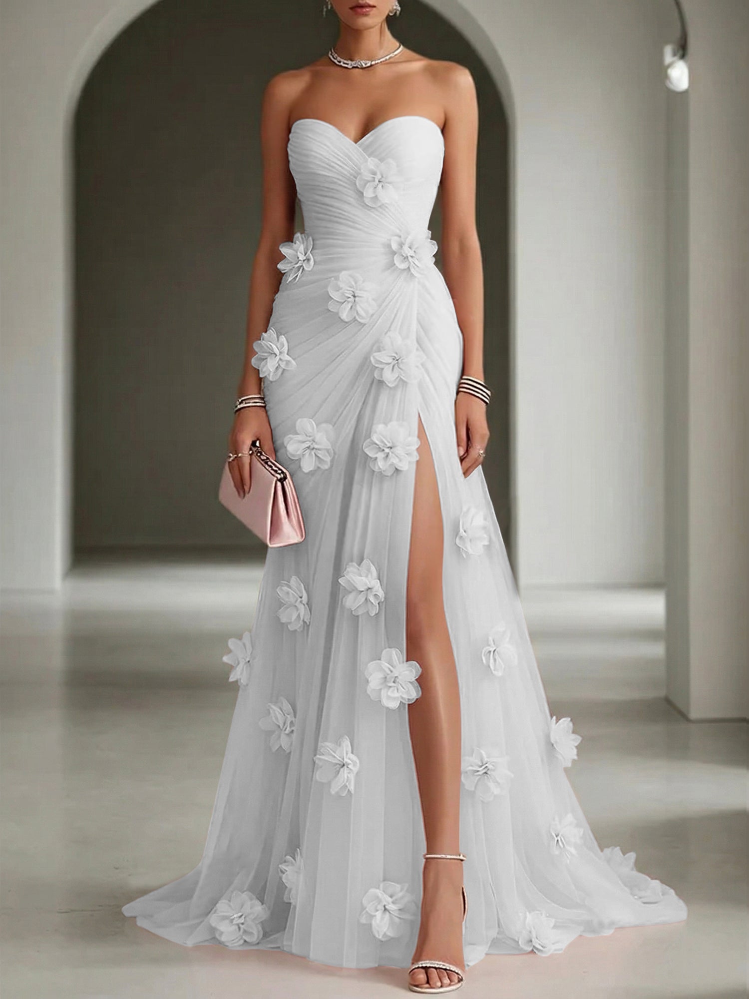 Ethereal Blush Slit 3D Floral Strapless Tulle Gown Dress