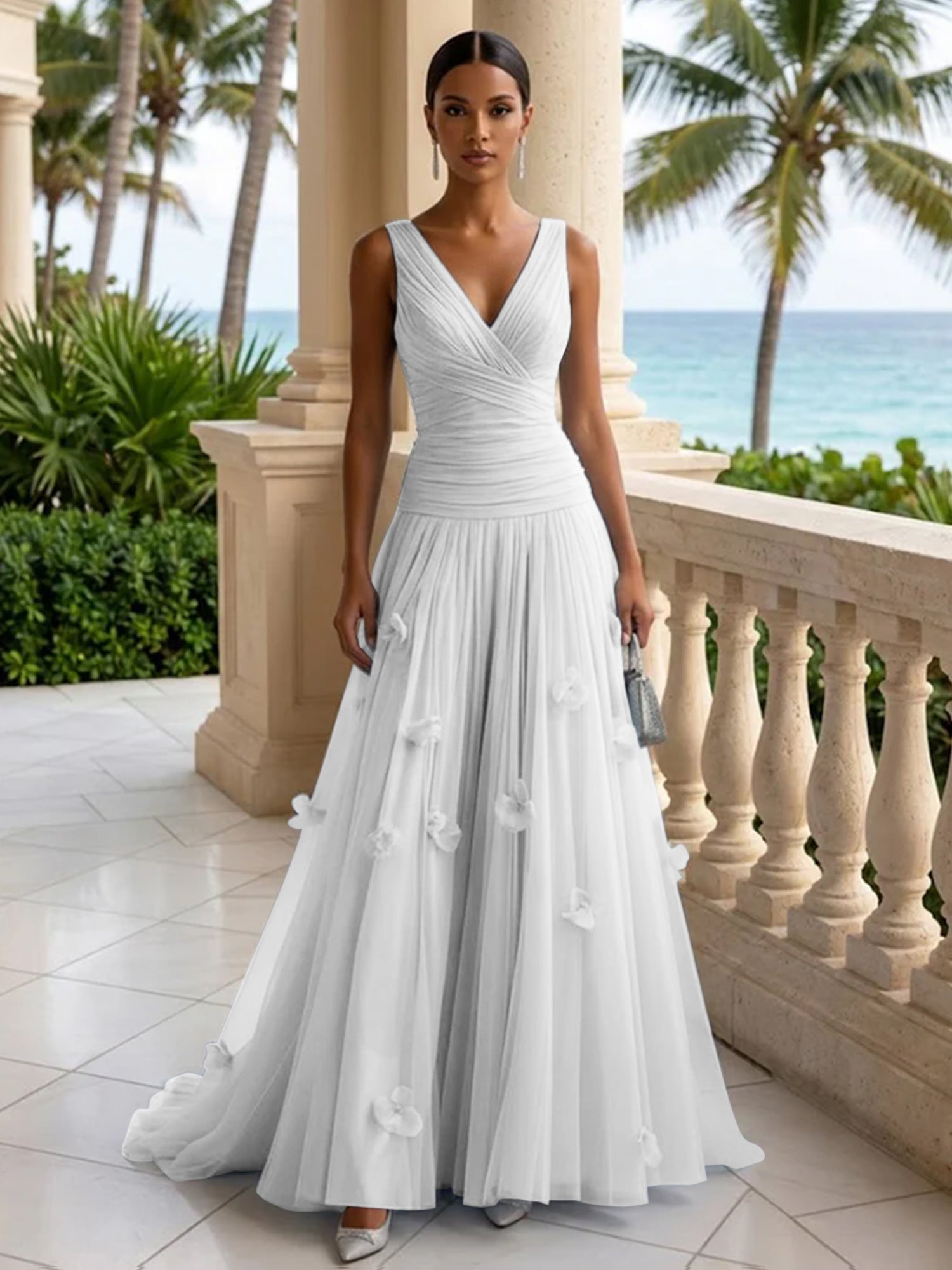 Light Blue Evening Dress with 3D Flower V Neck Pleat Maxi Dress