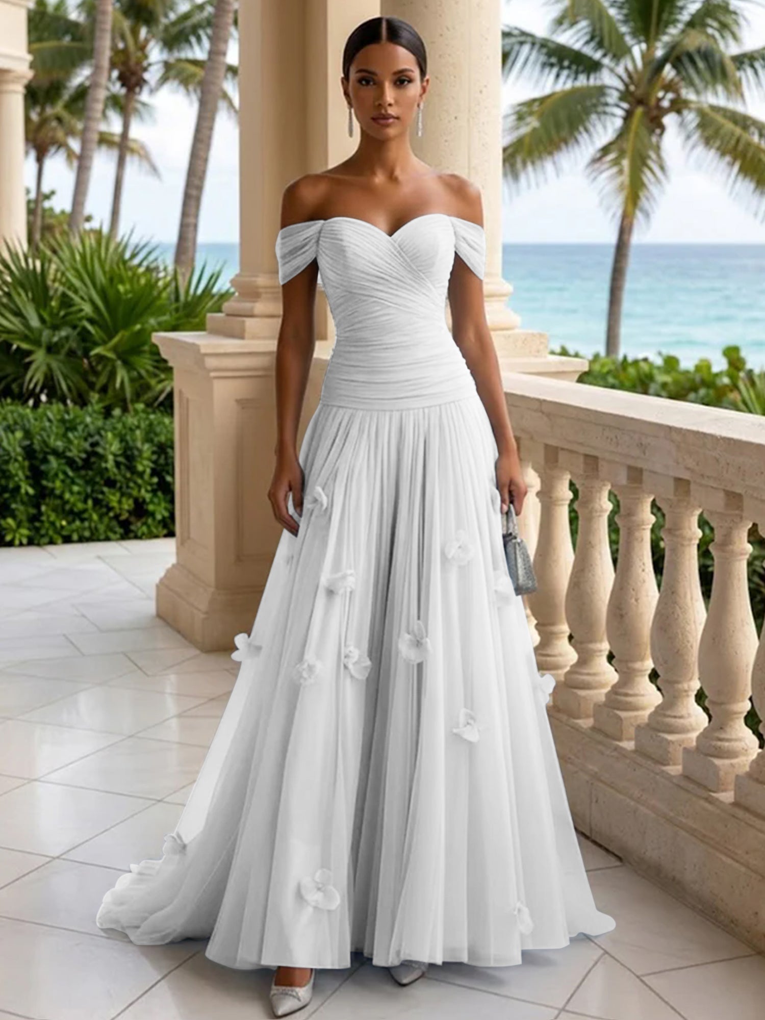 Light Blue Evening Dress with 3D Flower Off The Shoulder Pleat Maxi Dress