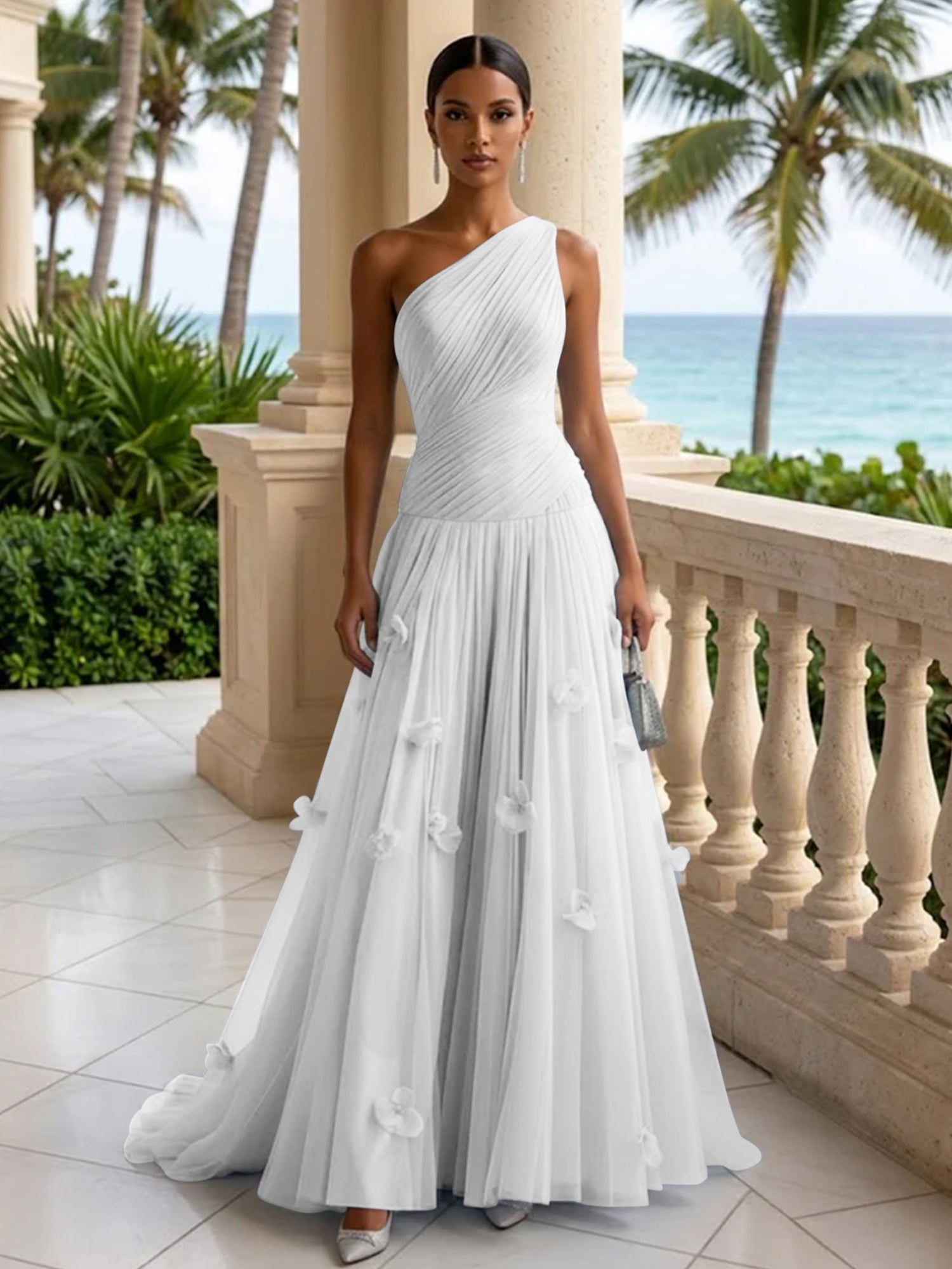 Light Blue Evening Dress with 3D Flower One Shoulder Pleat Maxi Dress