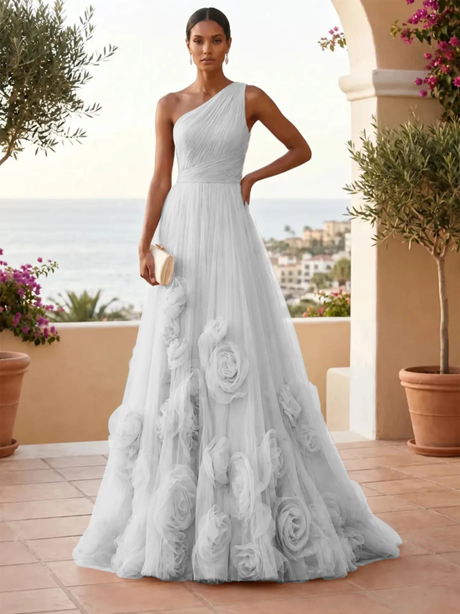 One-Shoulder Sweetheart Tulle Ball Gown with 3D Floral Accents Evening Dresses