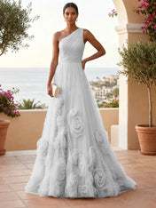 One-Shoulder Sweetheart Tulle Ball Gown with 3D Floral Accents Evening Dresses