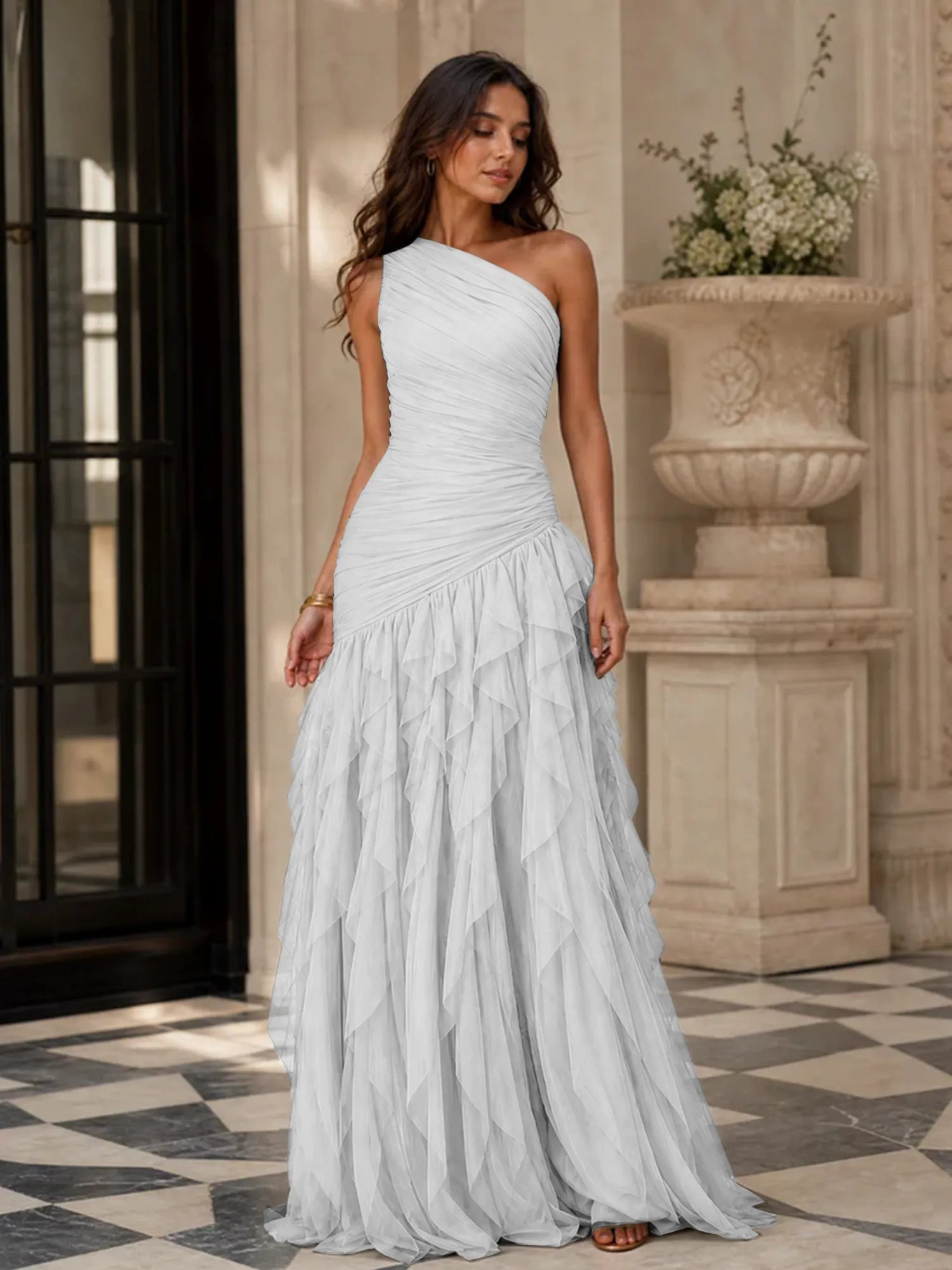 Emerald Green One-Shoulder Ruched Asymmetric Ruffle Chiffon Floor-Length Gown Dress