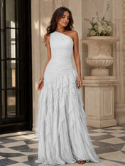 Emerald Green One-Shoulder Ruched Asymmetric Ruffle Chiffon Floor-Length Gown Dress
