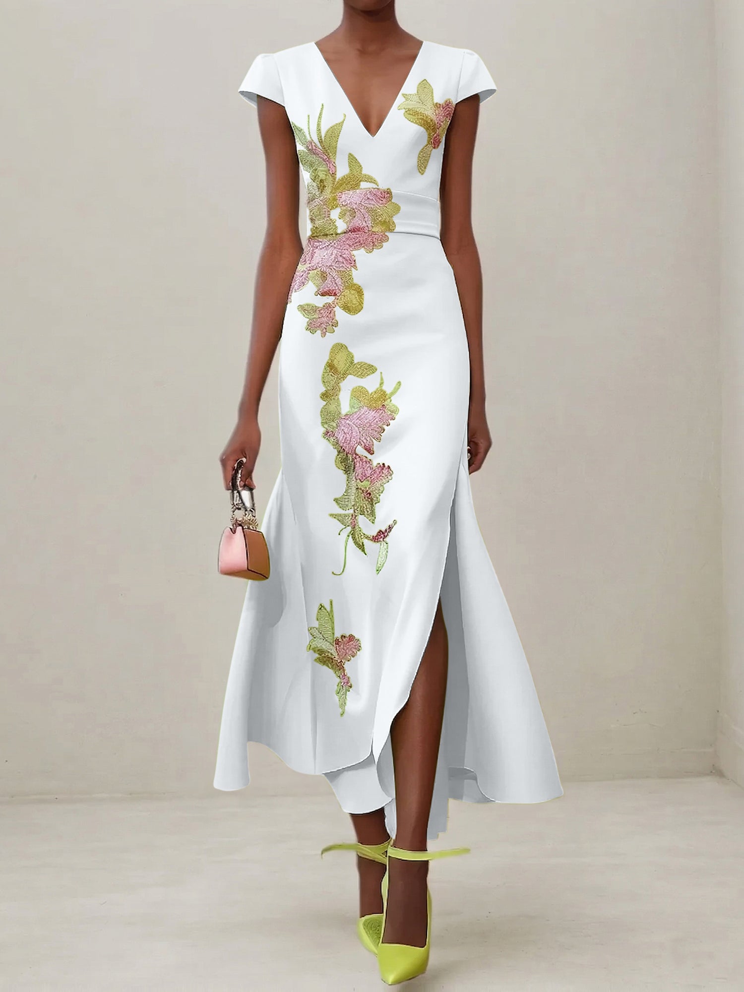 Green Floral V Neck Embroidered Cap Sleeve Slit Sheath Maxi Dress