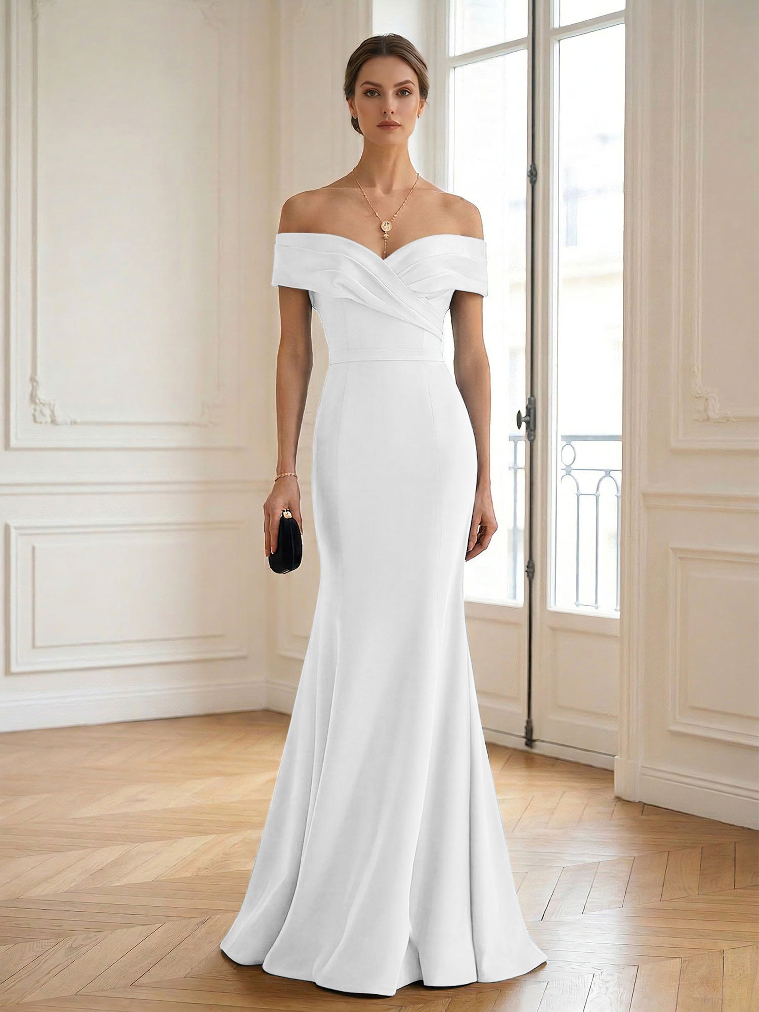 Formal Wedding Guest Dress Navy Off Shoulder Maxi Mermaid Dress