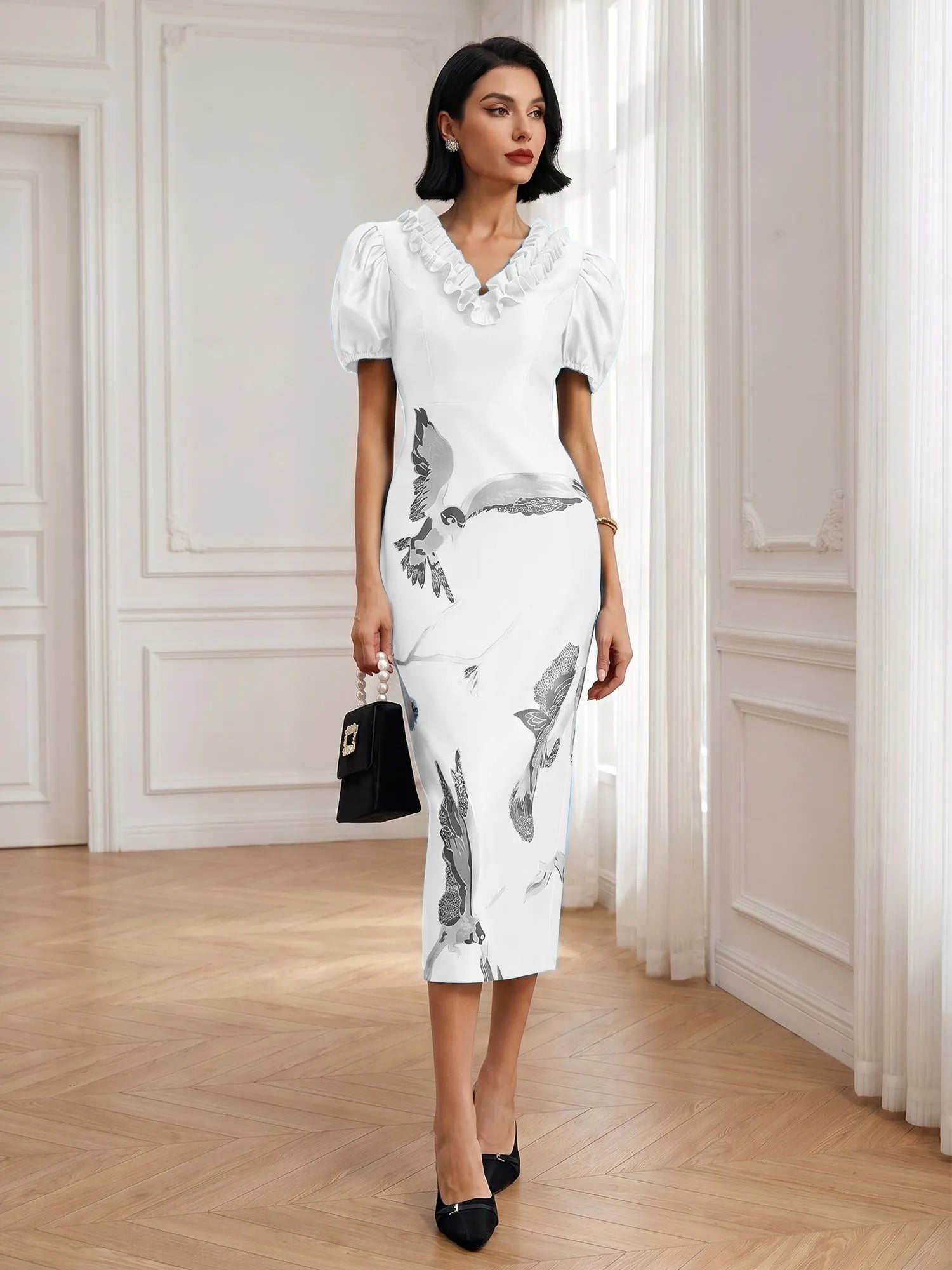 Black Folds V Neck Puff Sleeve Midi Sheath Dress
