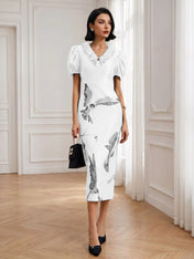 Black Folds V Neck Puff Sleeve Midi Sheath Dress