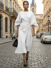 Loose Batwing Sleeve Dress Tight Waist Solid Color Elegant Dresses