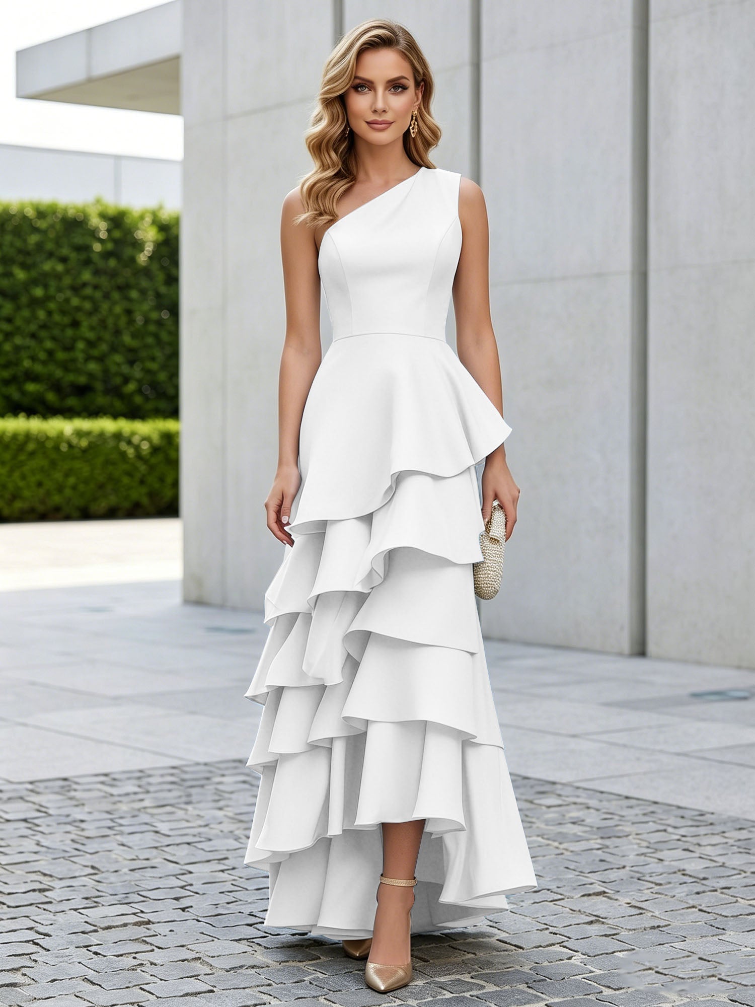 One Shoulder Tiered Ruffle Satin Mermaid Evening Gown with Sculptural Layers