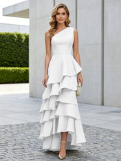 One Shoulder Tiered Ruffle Satin Mermaid Evening Gown with Sculptural Layers