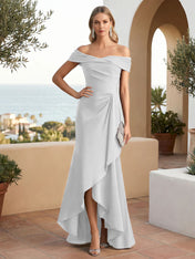 Off the Shoulder Pleat Satin High Low Mermaid Evening Dresses for Women