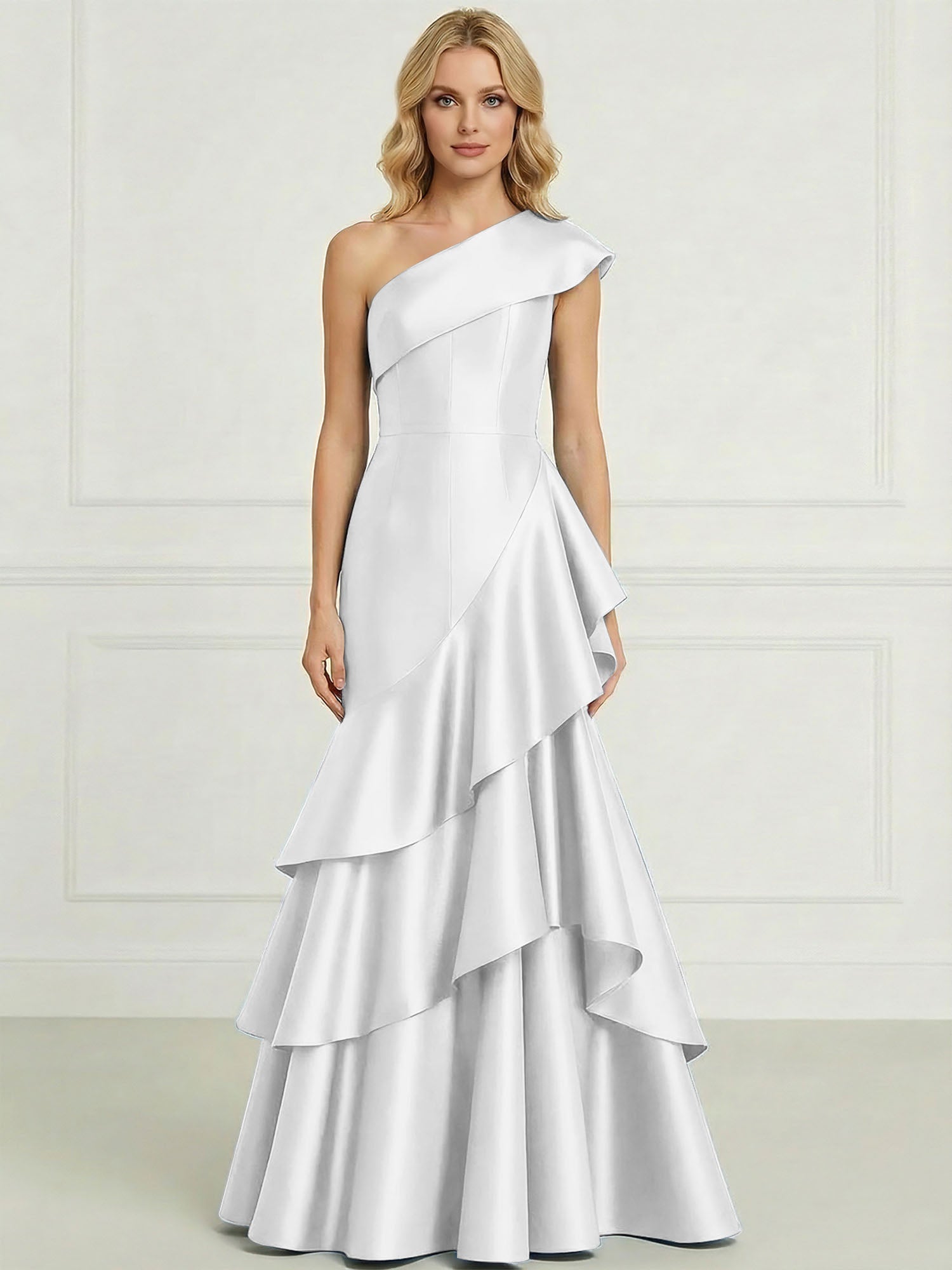 Formal Evening Dress Dark Blue One-Shoulder Satin Tiered Maxi Gown