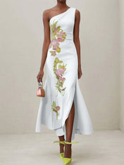 Green Floral One Shoulder Embroidered Cap Sleeve Slit Sheath Maxi Dress