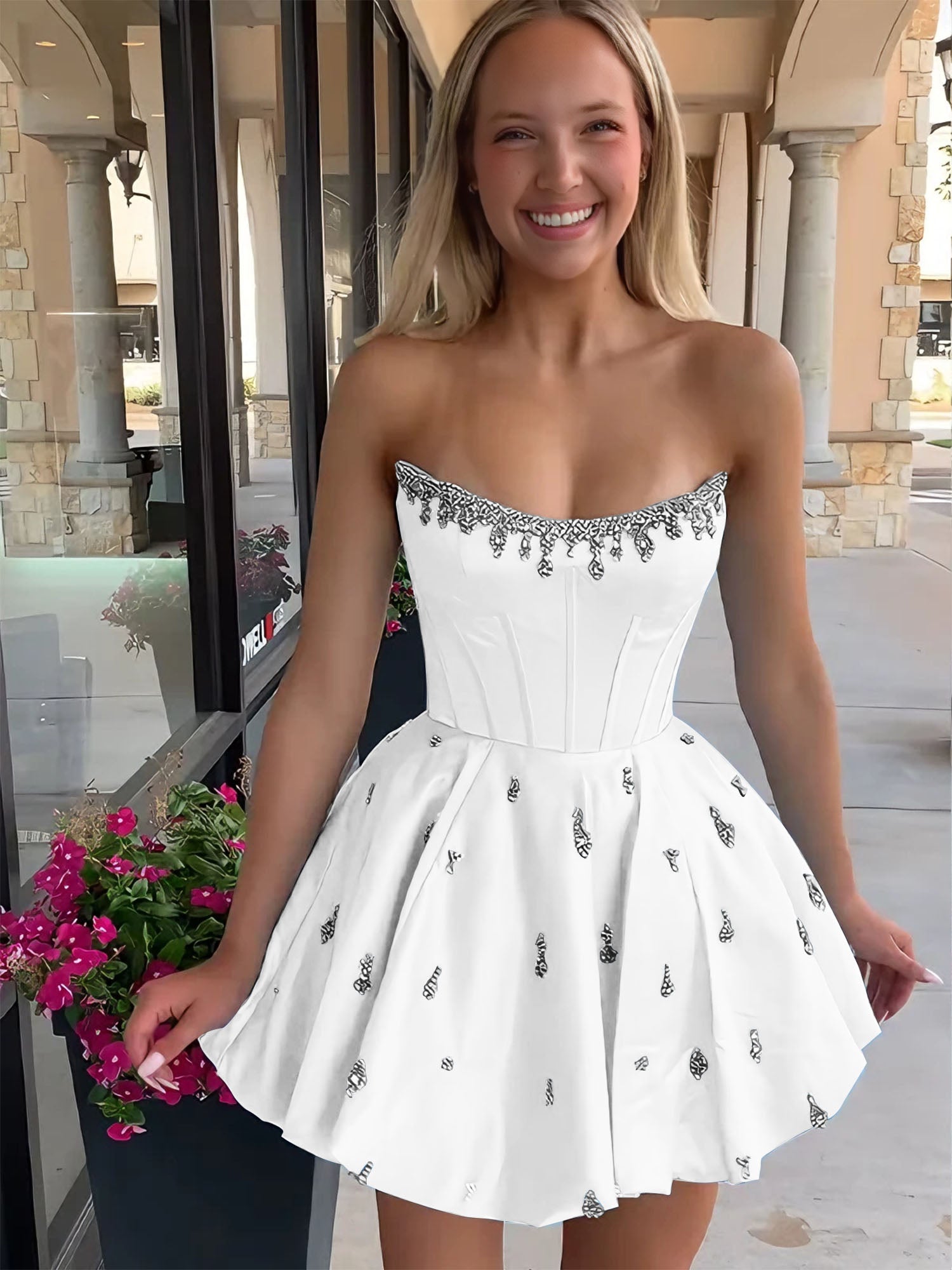 Sparkly Satin A Line Short Corset Homecoming Dress with Rhinestones