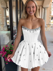 Sparkly Satin A Line Short Corset Homecoming Dress with Rhinestones