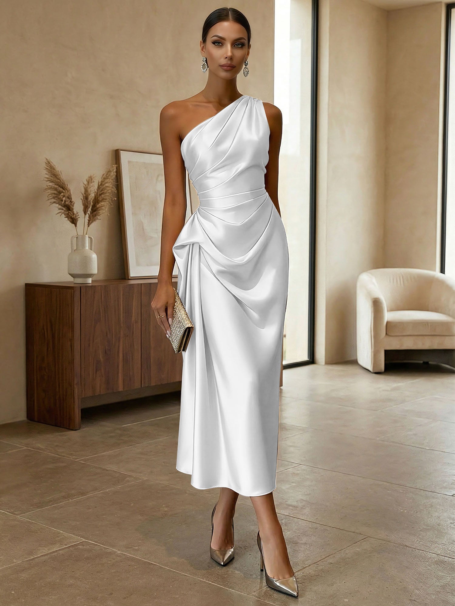 Champagne Ruched Satin One Shoulder Sleeveless Sheath Midi Dress