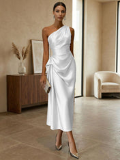 Champagne Ruched Satin One Shoulder Sleeveless Sheath Midi Dress