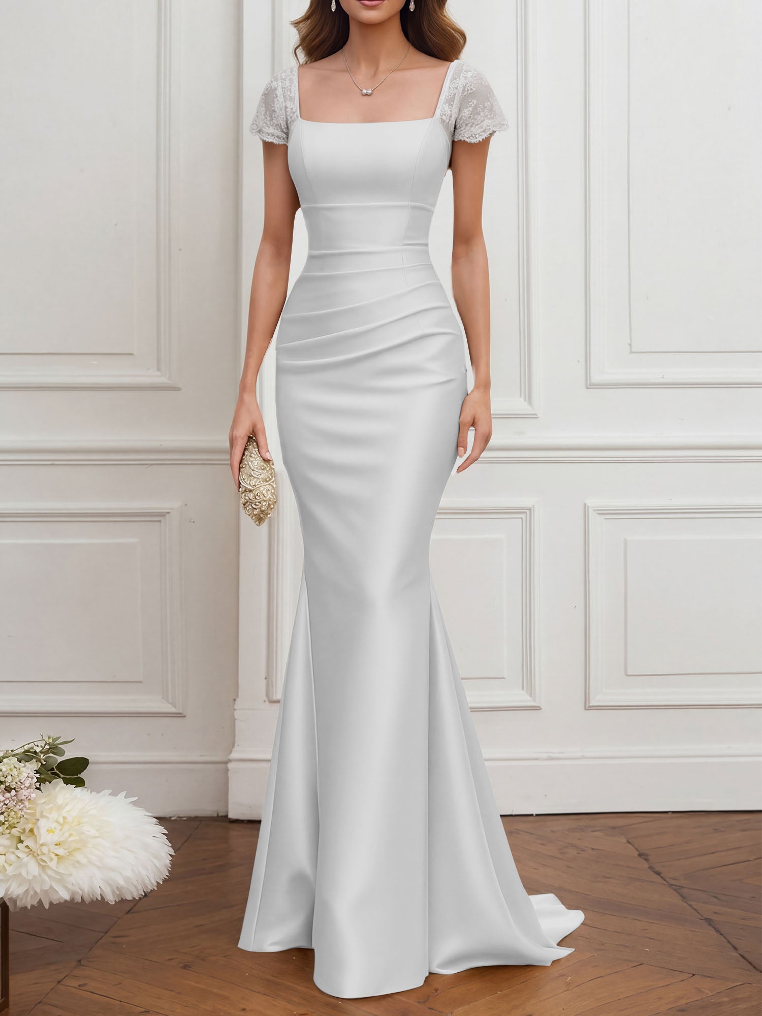 Mother of the Bride Dress Champagne Satin Square Neck Maxi Dress