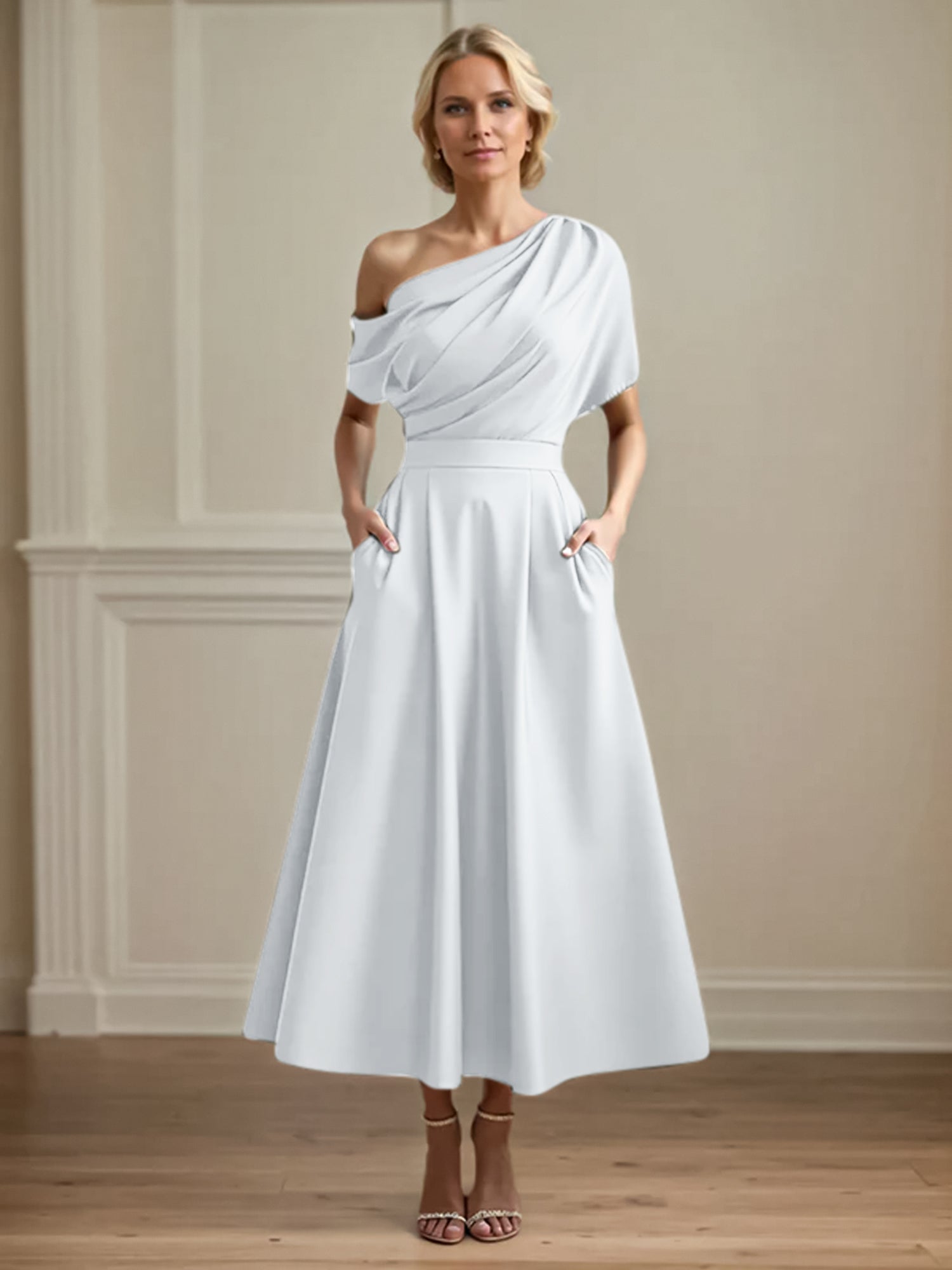 A Line Satin One Shoulder Pleated Ankle Length Mother of the Bride Dress